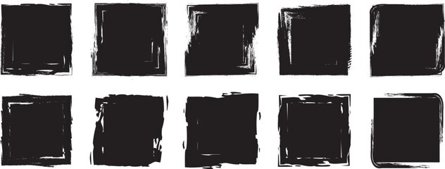 Collection of grunge square frames with distressed textures, rough borders, messy brush strokes, rustic handmade outlines, and bold abstract graphic edges.