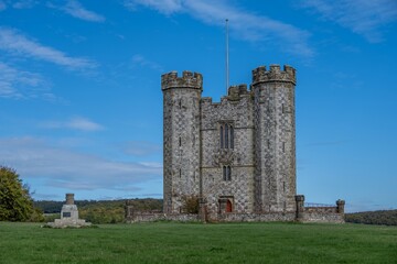 view of Hiorne&rsquo;s Tower Arundel with blue sky and clouds in the background West Sussex England