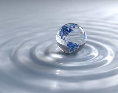 A glass globe, depicting Earth, rests serenely on a calm, still body of water, creating concentric ripples