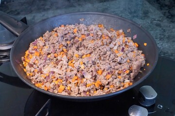 Ground beef with carrots and onions cooking in a pan. Steamy hot dish in the kitchen showing homemade meal preparation, fresh ingredients, and simple comfort food recipe on stove.