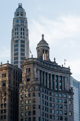 Architectural detail of historic buildings in downtown Chicago, Illinois.