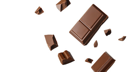 Fototapeta premium A dynamic composition of chocolate pieces and bars floating against a clean white background. the rich texture and color of the chocolate. ideal for culinary and dessert-related uses