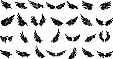 Vector illustration of decorative wings silhouettes set, angel and bird wing shapes, black feather design elements isolated for tattoo, logo © KanonRani art