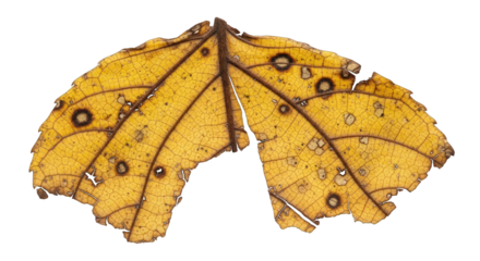 Decaying Yellow Leaf with Dark Spots and Veins Autumnal Foliage Detail.