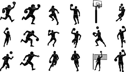 Silhouette athletes playing basketball and volleyball, sports action poses, teamwork, competition, fitness training, dynamic movement, physical activity, outdoor recreation illustration