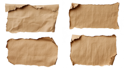 A collection of four textured. crumpled pieces of brown paper. each with unique torn edges. arranged artistically against a clean white background. ideal for creative design or presentation use