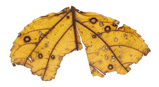 Decaying Yellow Leaf with Dark Spots and Veins Autumnal Foliage Detail. - Powered by Adobe