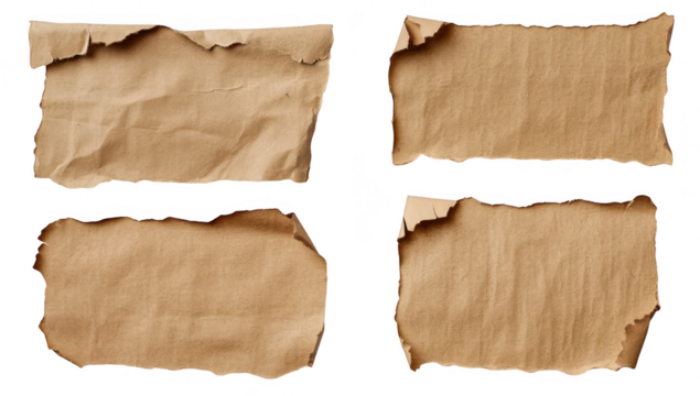 A collection of four textured. crumpled pieces of brown paper. each with unique torn edges. arranged artistically against a clean white background. ideal for creative design or presentation use