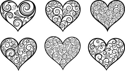 Decorative heart illustrations with swirling and curling patterns, black and white vector artwork, love, romance, elegance, Valentine’s Day, ornamental design