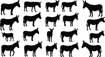 Vector illustration of donkey silhouettes in grid pattern, unique animal figure, farm livestock concept, wildlife comparison, animal shapes, visual recognition