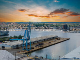 Aerial shot of the skyscrapers and office buildings in the skyline along the Patapsco River in Baltimore Maryland USA