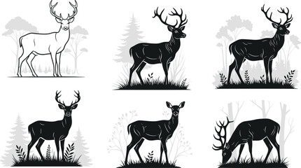 Deer silhouette illustrations in forest scenes—standing, walking, grazing poses—black and white vector artwork, wildlife, nature, woodland, animal, serenity