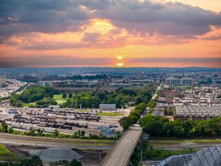 Aerial shot of apartments and office buildings in the skyline Baltimore Maryland USA