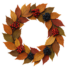 Autumn wreath with leaves and berries on transparent background