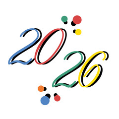 2026 New Year lettering decorated with colorful festive lights.