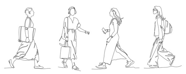 Women walking set. Holding mobile, shopping bag, backpack. Side view. Continuous line drawing elements. Vector illustration in line art style.