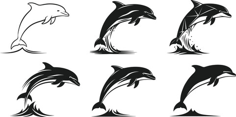 Dolphin silhouette illustrations—leaping, splashing, geometric, stylized—black and white vector artwork, marine life, ocean, motion, nature, aquatic, playfulDolphin silhouette illustrations—leaping, s