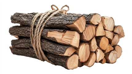 a firewood bundle with rope clipart, warmth in cold season theme, photorealistic texture and light, isolated on white background