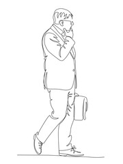 Businessman in glasses walking and thinking on the go. Continuous line drawing. Black and white vector illustration in line art style.