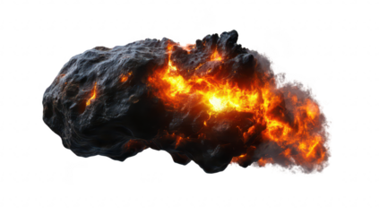 A dramatic explosion of fiery lava rock emitting bright orange and yellow flames against a stark white background. ideal for illustrating volcanic activity or natural disasters in educational material