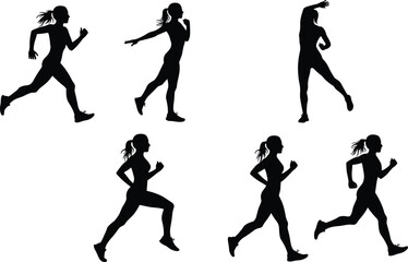 Running silhouette woman jogging poses, athletic stride, fitness lifestyle, exercise training, sport activity, body movement, dynamic action, vector illustration design