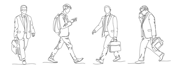 Businessmen walking set. Wear suit and holding bag. Continuous line drawing. Black and white vector illustration in line art style.