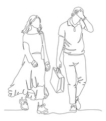 Man and woman talking and walking. Man with shopping bag and put hand on forehead. Continuous line drawing. Black and white vector illustration in line art style.