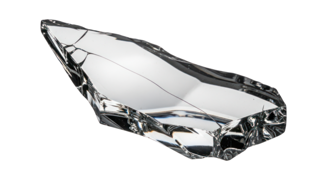 Fragment of Clear Broken Glass with Cracks and Sharp Edges.