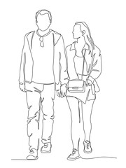 Couple talking and walking. Woman in mini skirt. Continuous line drawing. Black and white vector illustration in line art style.