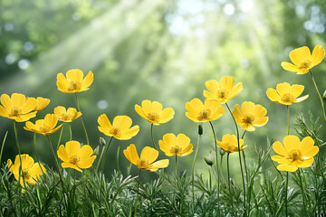Obraz premium Vibrant Floral Background Featuring Stunning Wild Yellow Buttercup Flowers Amidst Sunbeams on Soothing Nature Hues