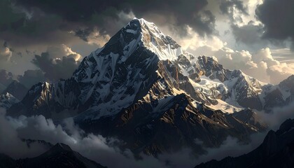 Majestic snow-capped mountain peak emerging from dramatic clouds at sunrise, showcasing rugged terrain and natural beauty