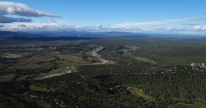 Panorama from the summit of Pic Saint Loup to the Hortus. Herault department, Occitania, France.