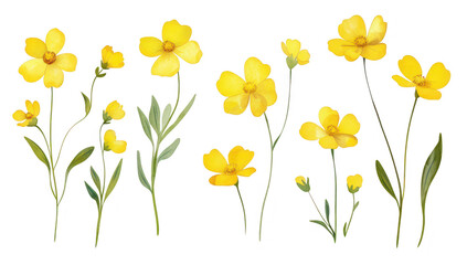 A collection of yellow wildflowers in various stages of bloom. their delicate petals and green leaves against a clean white background. perfect for nature-themed designs