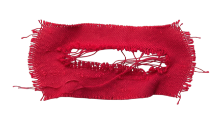 Ripped Red Fabric with Frayed Edges and Hole.