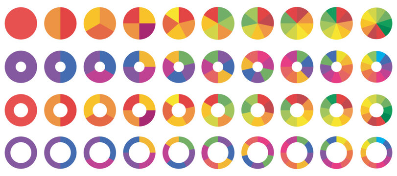 Circle pie chart diagram. Pie chart set. Colorful diagram collection with sections or steps. 1,2,3,4,56,7,8,9,10, segment infographic. Wheel round diagram part symbol. Vector illustration