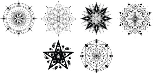 Geometric and celestial symbol illustrations—mandala, starburst, compass, molecular, abstract styles—vector artwork, symmetry, design, mysticism, elegance, pattern