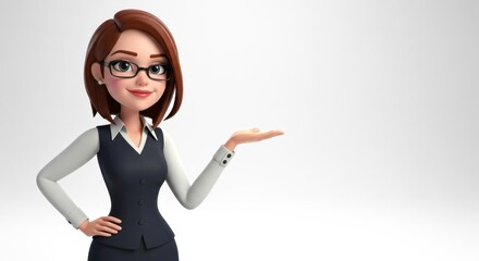 Animated businesswoman with glasses presents an open palm gesture against a bright, neutral background, suggesting an invitation or offering.
