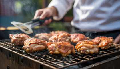 - Chef grilling chicken on barbecue grill outdoors