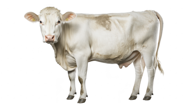A white cow stands on a plain background. its healthy physique. with a focus on its features. ideal for agricultural and livestock-related content