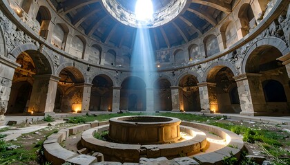 Obraz premium Exploring Ancient Structure Interior with Sunbeam and Stone Well