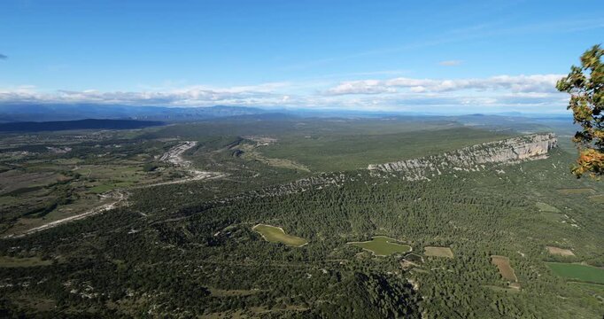 Panorama from the summit of Pic Saint Loup to the Hortus. Herault department, Occitania, France.