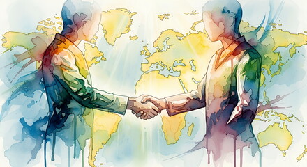 Watercolor Illustration Of Businessmen Handshake With World Map Background Global Partnership Concept