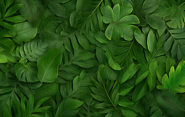 Vibrant Abstract Tropical Foliage Pattern with Dark Green Texture and Leafy Branches on Nature-Inspired Background