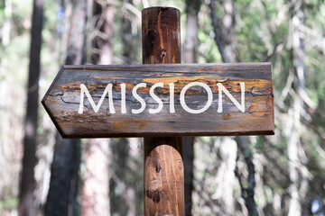 Concept of mission word on a wooden signpost against a forest background