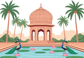 Obraz premium Lotus pond pavilion illustration—peacocks, palm trees, Mughal dome, serene garden—Indian architecture vector artwork, nature, heritage, elegance, culture, design