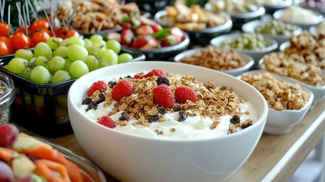 A variety of healthy breakfast options displayed on a table. Includes yogurt with granola and berries, fresh fruits, and assorted nuts.