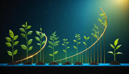 A visual representation of growth and progress, showing multiple plants at different stages of development with an upward trending golden line.