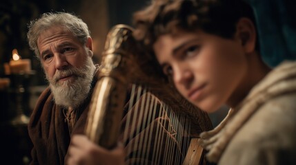 David plays the harp before King Saul by candlelight, filling the room with music that soothes, inspires, and conveys devotion, skill, and heartfelt artistry.