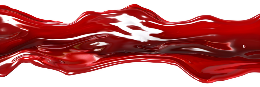 Vibrant, glossy red liquid flowing dynamically with captivating highlights, perfect for abstract designs, fluid motion, or impactful visual branding.Isolated  to Transparent  Background