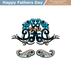 3D Doodles Line Art Happy Fathers Day, Manuscript text calligraphy shaped in to a blue big men hat and moustache. Illustration for greeting cards, invitations, and all prints on demand. Not AI.
